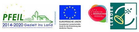 Logos der Förderer: PFEIL Gezielt ins Land, Europäischer Landwirtschaftsfonds für die Entwicklung des ländlichen Raums, Europa für Niedersachsen, LEADER
